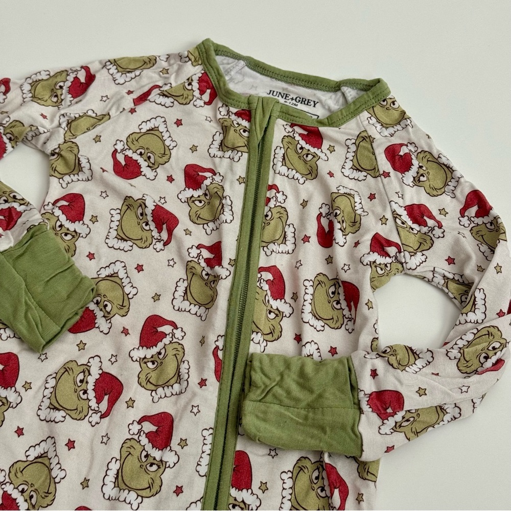 June + Grey Baby Christmas Zip Romper 6-12M | Bamboo Holiday Grinch Pajamas